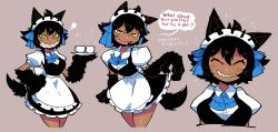 Rule 34 | 1girl, absurdres, alternate costume, animal ears, animal hands, apron, black dress, blue bow, blue neckwear, blush stickers, bow, bowtie, claws, cup, dark-skinned female, dark skin, dress, english text, enmaided, facing viewer, grey background, grin, hand on own hip, highres, holding, holding tray, looking at viewer, maid, maid headdress, monster girl, multiple views, notice lines, original, rariatto (ganguri), rudy (rariatto), sharp teeth, simple background, skirt hold, smile, tail, teeth, translation request, tray, waist apron, white apron, wolf ears, wolf tail, yellow eyes