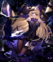 Rule 34 | 1girl, animal, arms up, bare shoulders, bird, black leotard, black sleeves, blonde hair, blurry, blurry background, blush, bow, breasts, brown thighhighs, chain, commentary request, depth of field, detached sleeves, eyepatch, fischl (genshin impact), garter straps, genshin impact, glass shards, gloves, green eyes, hair over one eye, highres, leotard, long hair, long sleeves, looking at viewer, medium breasts, parted lips, purple bow, purple gloves, reflection, single glove, single leg pantyhose, single thighhigh, solo, swordsouls, thighhighs, two side up, very long hair