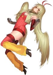 Rule 34 | 1girl, bad id, bad twitter id, bare shoulders, blaziken, breasts, brown eyes, cleavage, creatures (company), elbow gloves, full body, game freak, gen 3 pokemon, gloves, high heels, highres, katagiri hachigou, looking at viewer, medium breasts, nintendo, personification, pokemon, red thighhighs, silver hair, solo, sweater, thighhighs, white background, wings