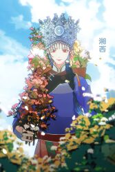 Rule 34 | 1girl, absurdres, blue sky, blurry, book, braid, chinese clothes, chinese text, cloud, crown, day, flower, highres, hmong, holding, long hair, long sleeves, looking at viewer, miao clothes, miao hat, original, outdoors, plant, qiushiri, red eyes, sky, smile, solo