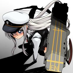 Rule 34 | 1girl, azur lane, blue eyes, bow (weapon), bright pupils, compound bow, hat, imagawa akira, landing, little enterprise (azur lane), long hair, looking at viewer, military hat, on one knee, overall skirt, peaked cap, silver hair, solo, superhero landing, weapon, aged down