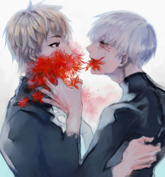 Rule 34 | 2boys, androgynous, black bodysuit, black jacket, black sclera, blonde hair, bodysuit, colored sclera, commentary request, covered mouth, eye contact, flower, flower in mouth, from side, grey hair, highres, jacket, kaneki ken, koujima shikasa, long sleeves, looking at another, male focus, multiple boys, nagachika hideyoshi, red eyes, red flower, short hair, simple background, tears, tokyo ghoul, upper body, white background