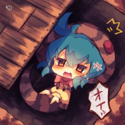 Rule 34 | 10s, 1girl, ^^^, anger vein, barefoot, blue hair, blush, bow, brown eyes, chibi, hair between eyes, hood, hood up, hoodie, kemono friends, lying, muuran, on back, open mouth, pink bow, signature, snake tail, solo, striped clothes, striped hoodie, striped tail, sweat, tail, translation request, tsuchinoko (kemono friends)