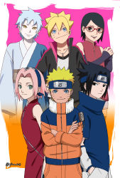 Rule 34 | 2girls, 4boys, :d, absurdres, black eyes, black hair, black jacket, blonde hair, blue eyes, blue hair, blue shirt, boruto: naruto next generations, closed mouth, father and daughter, father and son, forehead, forehead protector, glasses, green eyes, hair between eyes, hand in pocket, haruno sakura, highres, jacket, japanese clothes, jewelry, long sleeves, mitsuki (naruto), mother and daughter, multiple boys, multiple girls, naruto, naruto (series), necklace, ninja, open clothes, open jacket, open mouth, orange background, orange jacket, pink background, pink hair, pinoko (pnk623), red shirt, shirt, short hair, short sleeves, shorts, sleeveless, sleeveless shirt, smile, team7, teeth, two-tone background, uchiha sarada, uchiha sasuke, uzumaki boruto, uzumaki naruto, white shirt, white shorts, white sleeves, yellow eyes