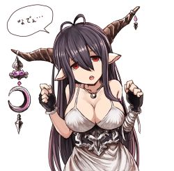 Rule 34 | 10s, 1girl, ahoge, bandages, bare shoulders, black gloves, black hair, breasts, cleavage, clenched hands, danua, draph, dress, female focus, fingerless gloves, gloves, granblue fantasy, highres, horn ornament, horns, jewelry, kitiku, large breasts, long hair, looking at viewer, necklace, open mouth, pointy ears, red eyes, simple background, solo, translated, white background, white dress