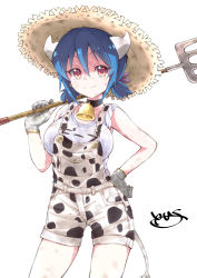 Rule 34 | 1girl, absurdres, animal print, asymmetrical gloves, bad id, bad pixiv id, bell, black gloves, blue hair, blush, breasts, character name, choker, closed mouth, clothes writing, collarbone, contrapposto, cow print, cow tail, cowboy shot, dirty, dirty face, gloves, hair between eyes, hand on own hip, hat, head tilt, highres, holding, holding pitchfork, horns, jashin-chan dropkick, large breasts, looking at viewer, low twintails, minos (jashin-chan dropkick), mismatched gloves, neck bell, overall shorts, overalls, pitchfork, red eyes, shirt, short twintails, smile, solo, split mouth, standing, straw hat, sweat, tail, twintails, white background, white gloves, white shirt, yuuki shushu