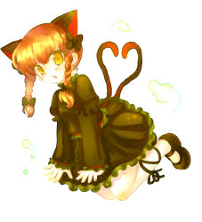 Rule 34 | 1girl, 23, 23 (candy chapus), animal ears, braid, cat ears, cat girl, cat tail, dress, female focus, heart, heart tail, kaenbyou rin, multiple tails, orange hair, solo, tail, touhou, twin braids, yellow eyes