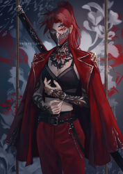 Rule 34 | 1girl, arm tattoo, artist name, belt, belt buckle, bracelet, breasts, buckle, crop top, head tattoo, highres, jacket, jewelry, katana, looking at viewer, mask, mouth mask, neck tattoo, original, pants, ponytail, red eyes, red hair, red jacket, red pants, serpentigena, small breasts, solo, sword, tattoo, weapon, weapon on back