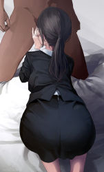 Rule 34 | 1boy, 1girl, absurdres, all fours, ass, bed sheet, blouse, brown hair, clothed female nude male, collared shirt, fellatio, from behind, highres, kneeling, koh (minagi kou), legs together, long hair, low ponytail, nude, oral, original, pantylines, pencil skirt, ponytail, shirt, skirt, white shirt