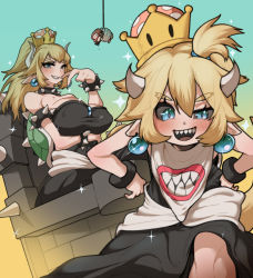 Rule 34 | 1boy, 2girls, absurdres, bare shoulders, black dress, blonde hair, blush, bowsette, bowsette jr., bracelet, breasts, cleavage, clenched teeth, collar, dress, grin, highres, jewelry, large breasts, long hair, looking at viewer, mario, mario (series), mother and daughter, multiple girls, new super mario bros. u deluxe, nintendo, open mouth, sb lama, sharp teeth, sitting, smile, spiked bracelet, spiked collar, spikes, super crown, teeth, throne