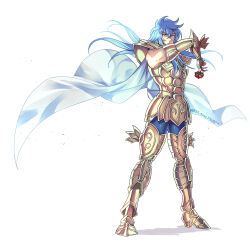 1boy armor blue_eyes blue_hair cape expressionless flower full_body gauntlets gold_armor gold_cloth gold_saint hand_up highres holding holding_flower kei_(nvew8238) legs_apart long_hair looking_at_viewer male_focus pisces_albafica red_flower red_rose rose saint_seiya saint_seiya:_the_lost_canvas simple_background solo standing white_background white_cape