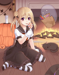 Rule 34 | 1girl, animal, arm support, bag, black cat, black hat, black ribbon, black sailor collar, black skirt, blonde hair, blush, brown eyes, candle, candy, carrying, cat, commentary request, double bun, fire, fireplace, food, frilled gloves, frilled skirt, frills, ghost, gloves, hair between eyes, hair bun, hair ribbon, halloween, hat, holding, holding bag, holding candy, holding food, holding lollipop, indoors, jack-o&#039;-lantern, lollipop, long hair, looking at viewer, no shoes, on floor, original, pantyhose, paper bag, parted lips, pumpkin, revision, ribbon, sailor collar, sailor shirt, shirt, short sleeves, sidelocks, sitting, skirt, smile, striped clothes, striped pantyhose, swirl lollipop, tongue, tongue out, transparent, tukino neru, twintails, unworn hat, unworn headwear, wariza, white gloves, white shirt, witch hat, wooden floor