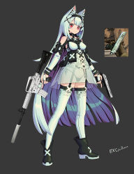 Rule 34 | 1girl, animal ears, assault rifle, belt pouch, black background, black footwear, black panties, breasts, choker, closed mouth, counter-strike (series), counter-strike 2, desert eagle, dress, full body, garter belt, garter straps, gun, hairband, handgun, highres, holding, holding weapon, long hair, looking at viewer, m4 carbine, mcrc science, medium breasts, original, panties, pouch, pubic tattoo, red eyes, reference photo, rifle, screenshot inset, see-through, shoes, short dress, side-tie panties, signature, simple background, smile, solo, suppressor, tattoo, thighhighs, underwear, very long hair, weapon, white dress, white hair, white thighhighs