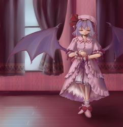 Rule 34 | 1girl, bat wings, bloomers, clothes lift, dress, dress lift, female focus, hat, indoors, kazuhane, remilia scarlet, skirt, skirt lift, solo, touhou, underwear, white bloomers, wings