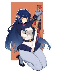 Rule 34 | 1girl, absurdres, belt, black belt, black footwear, blue hair, blue skirt, breasts, closed mouth, commission, distr, flower, full body, gloves, grey gloves, grey pantyhose, hair flower, hair ornament, hands up, high heels, highres, holding, holding sword, holding weapon, katana, kneeling, long hair, long sleeves, looking at viewer, medium breasts, miniskirt, original, pantyhose, pointy ears, red eyes, shoes, signature, skirt, solo, sword, sword between thighs, weapon