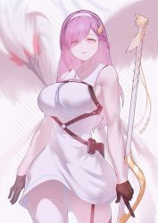 Rule 34 | 1girl, absurdres, belt, belt pouch, bird, breasts, chest harness, dress, garter straps, gloves, hairband, harness, highres, holding, holding staff, jin rou, large breasts, long hair, looking at viewer, novel illustration, official art, original, pink eyes, pink hair, pouch, sleeveless, sleeveless dress, smug, staff, standing, thighhighs, thighs, white thighhighs