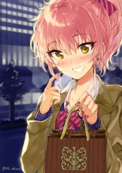 Rule 34 | 1girl, :d, bag, blush, bow, bowtie, breath, brown coat, building, city, coat, day, earrings, eyelashes, fingernails, grin, hair bow, twirling hair, holding, holding bag, idolmaster, idolmaster cinderella girls, jewelry, jougasaki mika, long fingernails, long sleeves, looking at viewer, miyabi akino, nail polish, nose blush, open clothes, open coat, open mouth, outdoors, pink bow, pink bowtie, pink nails, ponytail, road, short hair, smile, solo, street, teeth, tree, tsurime, twitter username, upper body, valentine, wing collar, yellow eyes