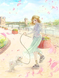 Rule 34 | 1girl, 5others, :d, absurdres, animal, black footwear, blue skirt, blue sky, bridge, brown eyes, brown hair, brown socks, building, cloud, colored shoe soles, commentary, commentary request, commission, day, dog, english commentary, european architecture, flower, full body, grass, grey hoodie, hanasaki taru, highres, holding, holding leash, hood, hood down, hoodie, leash, leg up, long sleeves, looking at viewer, looking to the side, medium hair, mixed-language commentary, multiple others, open mouth, original, outdoors, painting (medium), people, petals, plant, planter, pleated skirt, railing, red flower, river, road, round window, shoes, signature, skeb commission, skirt, sky, smile, socks, solo focus, standing, standing on one leg, street, traditional media, two-tone footwear, watercolor (medium), white dog, white footwear, wind, window