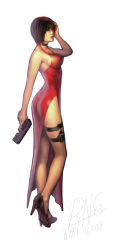 Rule 34 | 1girl, ada wong, black hair, china dress, chinese clothes, dress, from behind, gun, high heels, jayun, legs, red dress, resident evil, resident evil 4, shoes, short hair, side slit, solo, standing, thigh strap, weapon