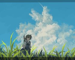Rule 34 | 1girl, bad drawr id, bad id, black eyes, black hair, blue sky, closed mouth, cloud, contrail, cumulonimbus cloud, day, flight deck, grass, hakama, hakama skirt, japanese clothes, kaga (kancolle), kantai collection, letterboxed, looking at viewer, megamegaglass, muneate, outdoors, side ponytail, skirt, sky, solo, standing