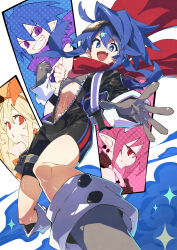 Rule 34 | 1boy, 3girls, backpack, bag, blue eyes, blue hair, blush, commentary request, disgaea, etna (disgaea), fang, flat chest, flonne, flonne (fallen angel), gloves, goggles, goggles on head, highres, laharl, long hair, looking at viewer, multiple girls, navel, neptune (series), nippon ichi (neptunia), open mouth, red scarf, scarf, smile, solo focus, unzipped, ushiki yoshitaka