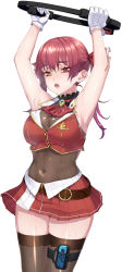 Rule 34 | 1girl, armpits, arms up, bags under eyes, belt, bodysuit, bodysuit under clothes, breasts, breath, brown thighhighs, carrying overhead, cleavage, collar, controller, covered navel, cowboy shot, exhausted, floral print, frilled collar, frills, gloves, gradient hair, hair ribbon, heterochromia, highres, hololive, houshou marine, jewelry, large breasts, leotard, leotard under clothes, looking at viewer, midriff, miniskirt, multicolored hair, neckerchief, nintendo switch, no headwear, open mouth, oshiruko (oshiruco 212048), pendant, pleated skirt, purple hair, red eyes, red hair, red neckerchief, red skirt, ribbon, ring fit adventure, rose print, see-through, see-through cleavage, see-through leotard, simple background, skin tight, skirt, sleeveless, solo, sweat, thigh strap, thighhighs, thighs, twintails, two-tone hair, virtual youtuber, white background, white gloves, yellow eyes, zettai ryouiki