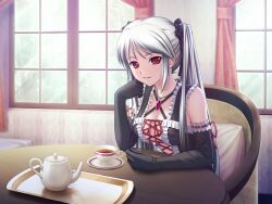 Rule 34 | 1girl, 400, bedroom, black bow, black gloves, bow, breasts, cleavage, cup, day, elbow gloves, fatiette, game cg, gem, gloves, grin, hair bow, head rest, indoors, kanojo to kanojo to watashi no nananichi, long hair, looking at viewer, medium breasts, red eyes, red gemstone, red ribbon, revealing clothes, ribbon, sitting, smile, solo, teacup, teapot, twintails, upper body, very long hair, white hair