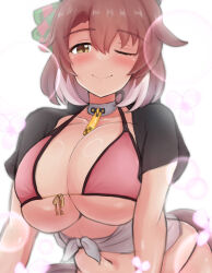 Rule 34 | 1girl, amayoruao, animal ears, bikini, blush, breasts, brown eyes, brown hair, cleavage, closed mouth, collarbone, commentary request, dantsu flame (umamusume), hair between eyes, hair ornament, highres, horse ears, horse girl, large breasts, looking at viewer, simple background, solo, swimsuit, umamusume, white background