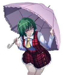 Rule 34 | 1girl, ascot, breasts, female focus, green hair, holding, kazami yuuka, leaning forward, long sleeves, looking at viewer, miniskirt, open mouth, plaid, plaid skirt, plaid vest, red eyes, shirt, short hair, simple background, skirt, skirt set, smile, smirk, solo, takayu, touhou, umbrella, vest, white background