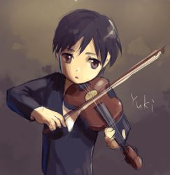 Rule 34 | 1boy, :o, bad id, bad pixiv id, black hair, bow (music), brown background, brown eyes, formal, instrument, looking at viewer, lowres, male focus, music, parted lips, playing instrument, short hair, signature, simple background, sketch, solo, suit, upper body, violin, yuki (vicious)