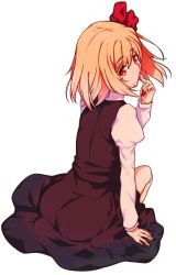 Rule 34 | 1girl, ass, blonde hair, blood, blood on face, blood on hands, eyebrows, full body, hair ribbon, kaiza (rider000), long sleeves, looking at viewer, looking to the side, red eyes, ribbon, rumia, short hair, simple background, sitting, skirt, skirt set, solo, touhou, vest, white background