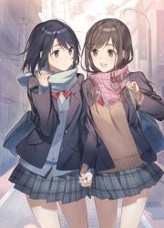 Rule 34 | 2girls, adachi sakura, adachi to shimamura, bag, black hair, blazer, blue cardigan, blue eyes, blue scarf, bow, brown eyes, brown hair, brown sweater, cardigan, closed mouth, enpera, hair ornament, hairclip, highres, holding hands, interlocked fingers, jacket, lamppost, long hair, looking at another, multiple girls, open mouth, outdoors, pink scarf, plaid, plaid scarf, plaid skirt, pleated skirt, red bow, scarf, school bag, school uniform, shimamura hougetsu, shirt, short hair, skirt, smile, sweater, textless version, v-neck, weee (raemz), white shirt, yuri
