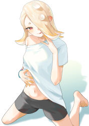 Rule 34 | 1girl, absurdres, alternate color, alternate costume, barefoot, blonde hair, bracelet, clothes lift, hair over eyes, hd rock, highres, jewelry, kneeling, licking lips, looking at viewer, medium hair, navel, nintendo, pointy ears, red eyes, shirt, shirt lift, shiver (splatoon), shorts, smile, solo, splatoon (series), splatoon 3, suggestive fluid, t-shirt, tentacle hair, tongue, tongue out