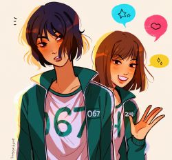 Rule 34 | 2girls, black eyes, black hair, bob cut, brown hair, eyebrows, eyelashes, female focus, freckles, green jacket, heart, height difference, highres, huyandere, jacket, ji-yeong, kang sae-byeok, lips, long sleeves, looking at another, medium hair, multiple girls, pale skin, parted lips, shirt, simple background, sleeves past elbows, smile, sparkle, speech bubble, squid game, star (symbol), track jacket, track suit, white background, white shirt