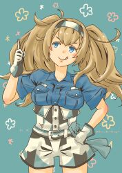 Rule 34 | 1girl, :d, absurdres, blonde hair, blue background, blue eyes, blue shirt, blush, breast pocket, breasts, collared shirt, gambier bay (kancolle), gloves, hair between eyes, hairband, highres, kantai collection, large breasts, long hair, multicolored hairband, open mouth, pocket, pot-de, shirt, short sleeves, simple background, smile, solo, twintails
