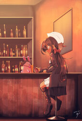 Rule 34 | 1girl, artist name, artist self-insert, bar (place), black coat, black eyes, black footwear, black hair, boots, bottle, bow, carrot, closed mouth, coat, commentary, cup, dark-skinned female, dark skin, dated, dixie cup hat, drinking glass, girls und panzer, hair bow, hat, hat feather, highres, indoors, jinguu (4839ms), knee boots, long coat, long hair, long sleeves, looking at another, military hat, miniskirt, ogin (girls und panzer), ooarai naval school uniform, open clothes, open coat, pleated skirt, ponytail, rabbit, red bow, sailor, school uniform, signature, sitting, skirt, smile, solo, stool, white hat, white skirt