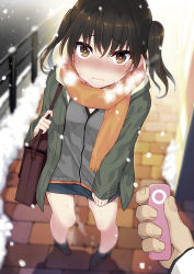 Rule 34 | 1boy, 1girl, bag, black footwear, blush, boots, breasts, breath, brown eyes, brown hair, closed mouth, full body, green jacket, holding, jacket, kantai collection, long sleeves, looking at viewer, minamura haruki, nose blush, official alternate costume, orange scarf, outdoors, pov, scarf, sendai (kancolle), sex toy, shadow, skirt, snow, snowing, solo focus, sweat, tears, vibrator, vibrator cord, wavy mouth
