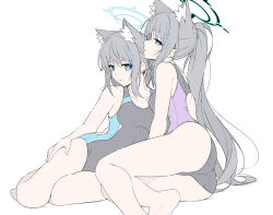 Rule 34 | 2girls, absurdres, alternate costume, animal ear fluff, animal ears, ass, blue archive, blue eyes, breasts, collarbone, competition swimsuit, cross hair ornament, dark halo, extra ears, grey hair, hair ornament, halo, hand on own thigh, highres, light blush, long hair, looking at viewer, masabodo, medium breasts, medium hair, mismatched pupils, multiple girls, official alternate costume, on floor, one-piece swimsuit, parted lips, ponytail, profile, shiroko (blue archive), shiroko (swimsuit) (blue archive), shiroko terror (blue archive), sidelocks, simple background, sketch, swimsuit, thighs, white background, wolf ears
