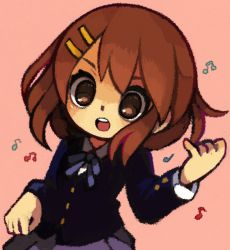 Rule 34 | 1girl, air guitar, bad id, bad pixiv id, beamed eighth notes, black jacket, blazer, blue ribbon, blush, brown eyes, brown hair, buttoned cuffs, buttons, collared shirt, eighth note, eyebrows, gradient background, hair between eyes, hair ornament, hairclip, hirasawa yui, jacket, k-on!, musical note, open mouth, pink background, purple skirt, ribbon, school uniform, shirt, short hair, skirt, solo, teeth, tongue, white shirt, yukino super