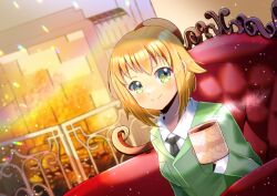 Rule 34 | 1girl, armchair, black necktie, blonde hair, brick wall, chair, closed mouth, collared shirt, commentary request, commission, copyright request, cup, dutch angle, fireplace, green eyes, green jacket, hand up, holding, holding cup, jacket, kou hiyoyo, long sleeves, mug, necktie, on chair, shirt, skeb commission, smile, solo, upper body, virtual youtuber, white shirt
