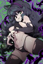 Rule 34 | 1girl, @ @, ahoge, bikini, black bikini, black hair, black thighhighs, breasts, brown background, covered erect nipples, creatures (company), game freak, gradient hair, green hair, green outline, hairband, hex maniac (pokemon), highres, large breasts, looking at viewer, multicolored hair, navel, nervous sweating, nintendo, outline, pokemon, pokemon xy, purple eyes, purple hairband, simple background, slugbox, smile, solo, spiral background, stomach, sweat, swimsuit, thighhighs, torn clothes, torn thighhighs