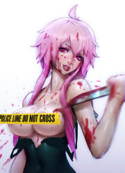 Rule 34 | 1girl, bare shoulders, black dress, blood, blood on face, bloody knife, breasts, caution tape, censored, clothes pull, clothing cutout, covered navel, dress, dress pull, gasai yuno, gradient background, highres, knife, long hair, looking at viewer, mirai nikki, pink eyes, pink hair, solo, strap slip, tongue, tongue out, underboob cutout, upper body, zeronis