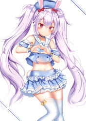 Rule 34 | 1girl, anchor print, animal ears, armpit peek, azur lane, bare shoulders, beret, blue choker, blue hat, blue skirt, blush, bow, buttons, choker, collarbone, crop top, crop top overhang, detached sleeves, feet out of frame, frilled cuffs, frilled sleeves, frills, hair between eyes, hair bow, hat, heart, heart hands, highres, laffey (azur lane), laffey (bunny clerk?) (azur lane), layered skirt, light purple hair, long hair, looking at viewer, midriff, miniskirt, navel, orange bow, parted lips, pleated skirt, rabbit ears, rabbit tail, red bow, red eyes, sailor collar, short sleeves, sidelocks, skirt, solo, standing, stomach, tail, thighhighs, twintails, very long hair, wavy hair, white background, white sailor collar, white thighhighs, wrist cuffs, yuano, zettai ryouiki