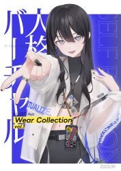 Rule 34 | 1girl, absurdres, aya (lezon), barcode, belt, black hair, black nails, black pants, cellphone, crop top, earrings, grey eyes, highres, jacket, jewelry, long hair, looking at viewer, midriff, nail polish, navel, necklace, open mouth, original, outstretched arm, pants, phone, qr code, single earring, smartphone, solo, v, white jacket
