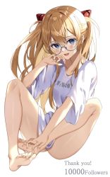 Rule 34 | 1girl, @shun, barefoot, blue eyes, feet, glasses, highres, neon genesis evangelion, open mouth, orange hair, simple background, sitting, soles, solo, souryuu asuka langley, thank you, toes