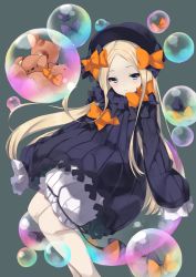 Rule 34 | 1girl, abigail williams (fate), black bow, black dress, black hat, blonde hair, bloomers, blue eyes, blush, bow, bubble, bug, butterfly, closed mouth, commentary request, dress, fate/grand order, fate (series), hair bow, hands in opposite sleeves, hat, insect, light smile, long hair, long sleeves, looking at viewer, mayusaki yuu, orange bow, parted bangs, polka dot, polka dot bow, solo, stuffed animal, stuffed toy, teddy bear, underwear, very long hair, white bloomers