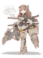 Rule 34 | 1girl, :d, absurdres, battle of titans, belt, black gloves, blue eyes, breasts, brown hair, coat, gloves, hair ornament, highres, hozukikasumi, long hair, mecha musume, mechanical legs, mechanical parts, medium breasts, mortar (weapon), multiple belts, nelly (battle of titans), open mouth, personification, railgun, smile, tagme, thighhighs, utility belt, weapon, white background, zipper