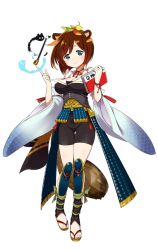 Rule 34 | 1girl, animal ears, bike shorts, blue eyes, breasts, brown hair, cleavage, detached sleeves, full body, hirado (oshiro project), kamaboko red, navel, official art, oshiro project:re, oshiro project:re, raccoon ears, raccoon tail, sandals, solo, tail, transparent background