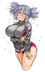 Rule 34 | 1girl, :3, blush, breast hold, breasts, buruma, character request, copyright request, cropped legs, large breasts, light purple hair, long sleeves, looking up, orange eyes, perky breasts, sachito, short hair, short twintails, simple background, solo, thick thighs, thighs, twintails, white background