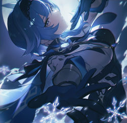 Rule 34 | 1girl, black hairband, blue gloves, blue hair, blue necktie, closed mouth, dancing, eula (genshin impact), genshin impact, gloves, hairband, medium hair, moon, multicolored eyes, necktie, outstretched hand, snowflakes, vision (genshin impact), yellow eyes, zhiyan li